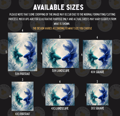 six different sizes of the same artwork, depicting a blue and green fish. The sizes range from 5x4 to 5x3, and the artwork is shown in portrait, landscape, and square format. The image is a collage of multiple images, and the description should not include phrases like 'The image depicts', 'The image displays', 'The image shows', 'In the image', 'The image captures', 'The image features', or similar phrases.