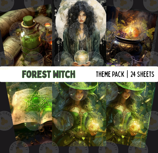 The image is a theme pack containing 24 sheets featuring various fantasy-themed illustrations, including a woman with long dark hair, a woman holding a crystal ball, and a woman with a green hat.