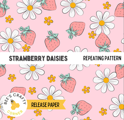 The image is a repeating pattern of strawberry daisies and white flowers on a pink background.