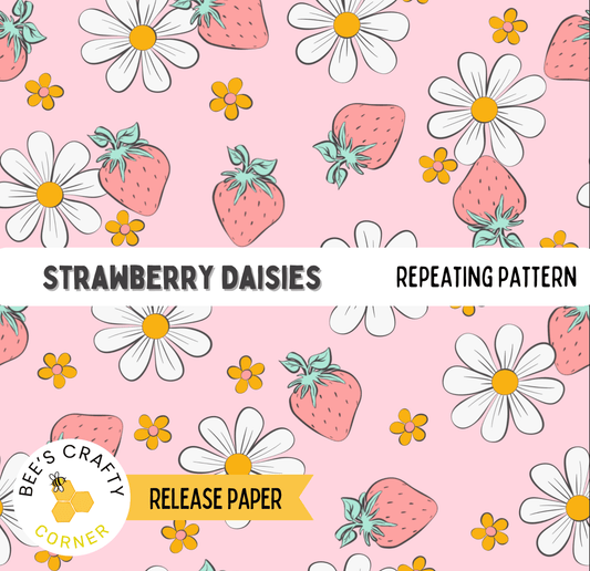The image is a repeating pattern of strawberry daisies and white flowers on a pink background.