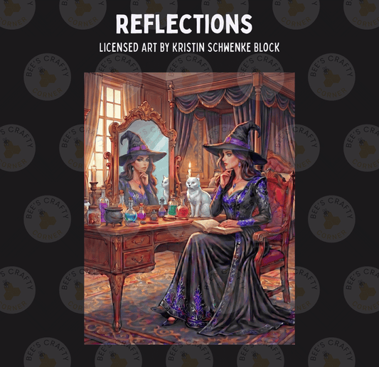 A woman dressed as a witch sits at a table with various bottles and a book, while her reflection appears in a mirror behind her.