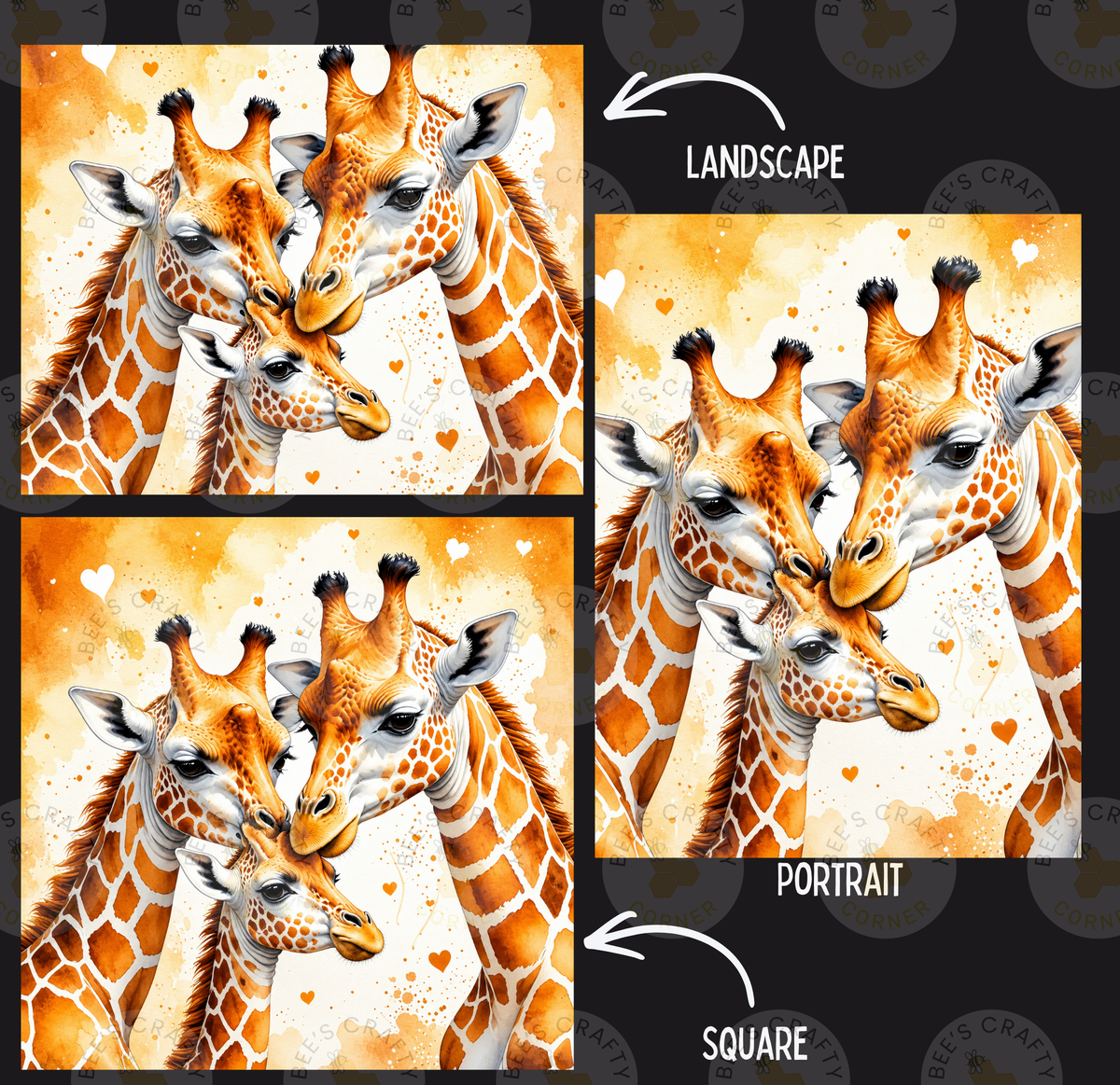 The image is a collage of three images depicting a family of giraffes, with a focus on their close interaction. The collage includes a landscape image, a portrait, and a square image, each showcasing the giraffes in different poses and expressions.