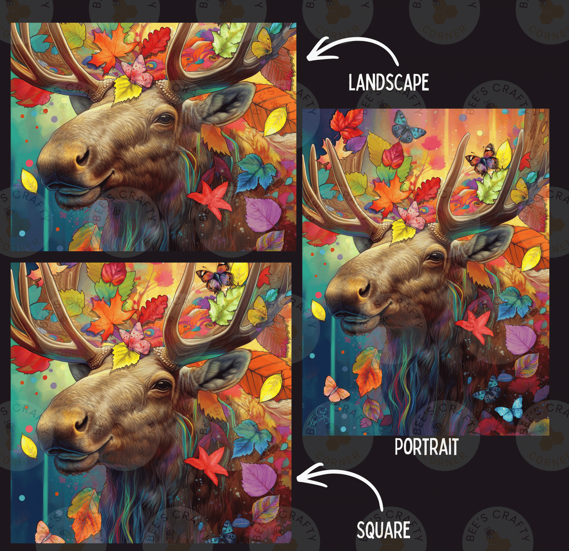 The image is a collage of three images depicting a moose surrounded by a vibrant, colorful landscape. The moose is the central focus of each image, with the landscape providing a contrasting background. The images are labeled "LANDSCAPE" and "PORTRAIT" to indicate their artistic styles and purposes.