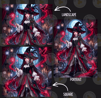 The image is a collage of two images depicting a woman dressed as a witch, with one image labeled "LANDSCAPE" and the other "PORTRAIT".
