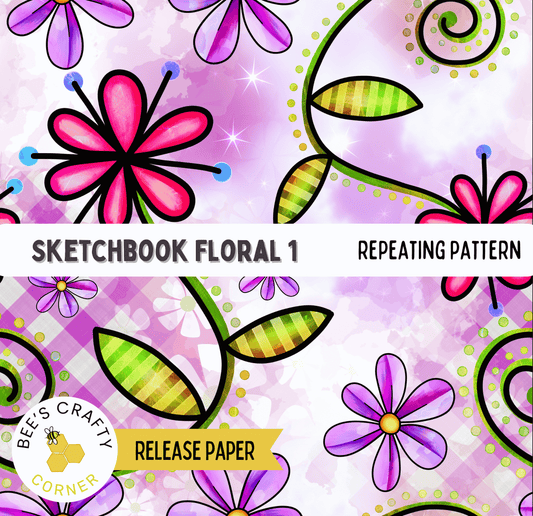 The image is a colorful and vibrant pattern featuring various stylized flowers and leaves in shades of pink, purple, green, and yellow against a purple and white background.