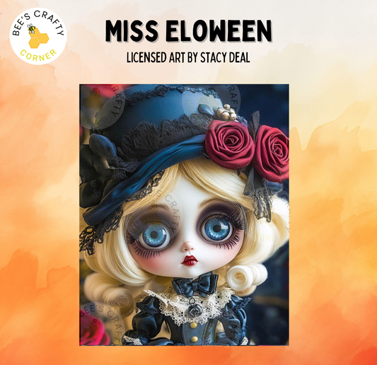 The image is a close-up of a doll with exaggerated features, including large blue eyes, red rose-adorned hair, and a black hat. The doll is set against a colorful background, which appears to be a watercolor painting.