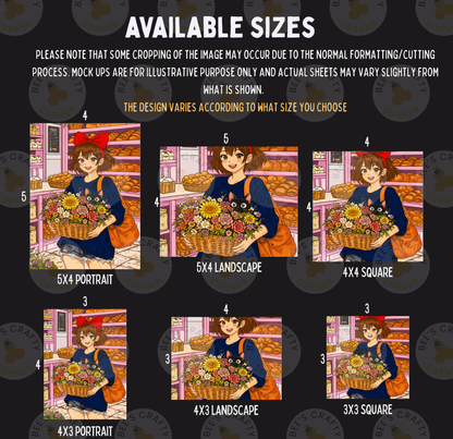 The image is a collage of six different images depicting a woman holding a basket of flowers. The images vary in size and orientation, and the woman is shown in different poses. The collage is intended to showcase the available sizes for a portrait, landscape, and square format.
