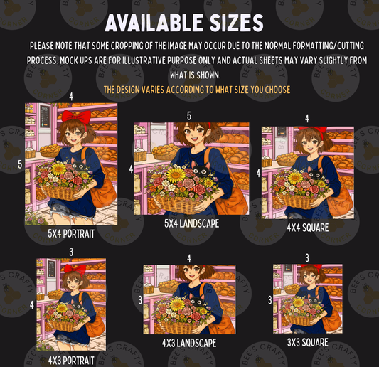 The image is a collage of six different images depicting a woman holding a basket of flowers. The images vary in size and orientation, and the woman is shown in different poses. The collage is intended to showcase the available sizes for a portrait, landscape, and square format.