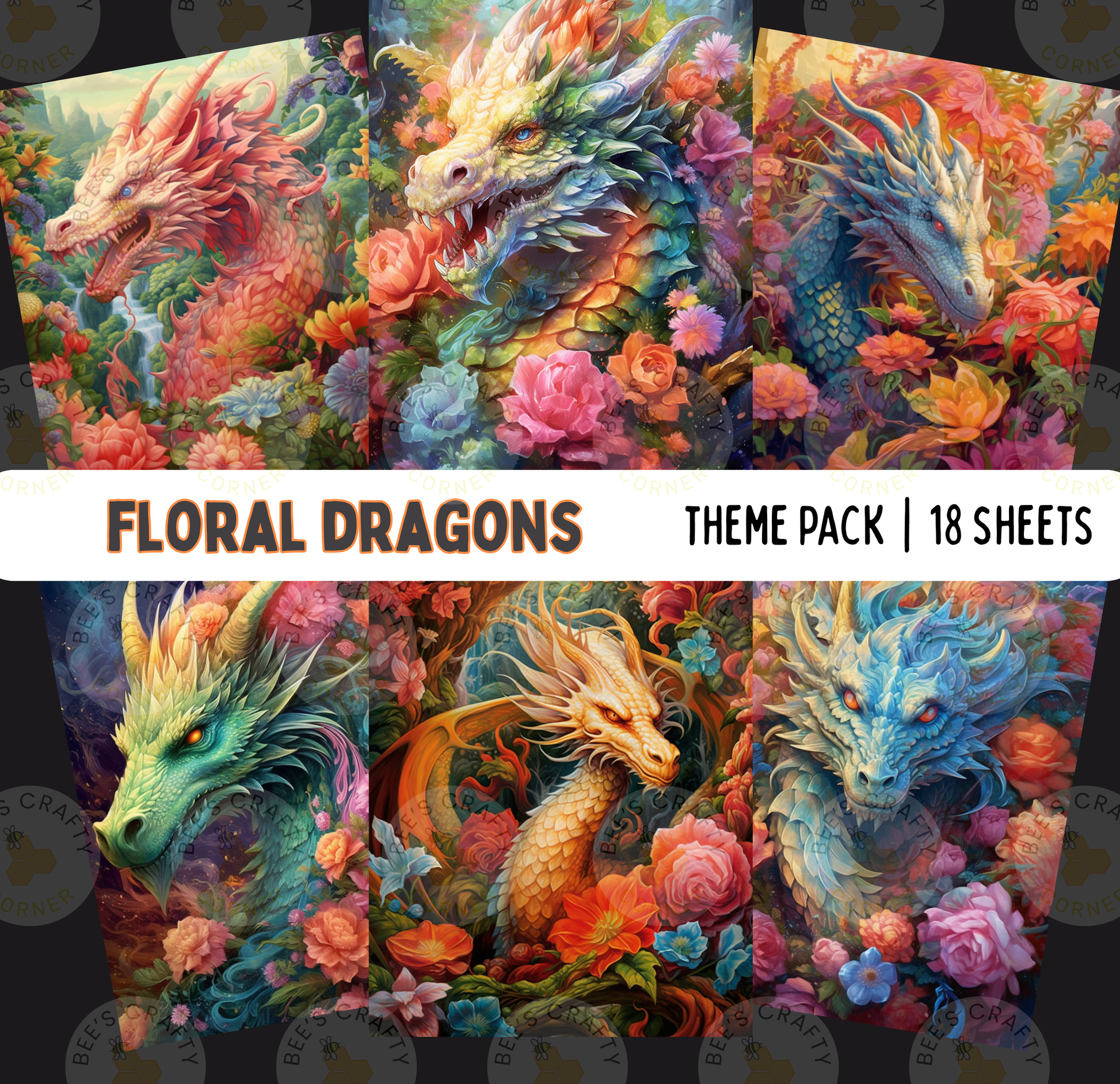 The image is a theme pack of 18 sheets featuring vibrant, colorful, and fantastical dragon illustrations surrounded by flowers and foliage.