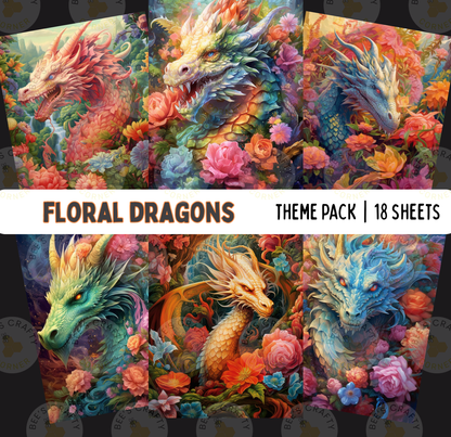 The image is a theme pack of 18 sheets featuring vibrant, colorful, and fantastical dragon illustrations surrounded by flowers and foliage.
