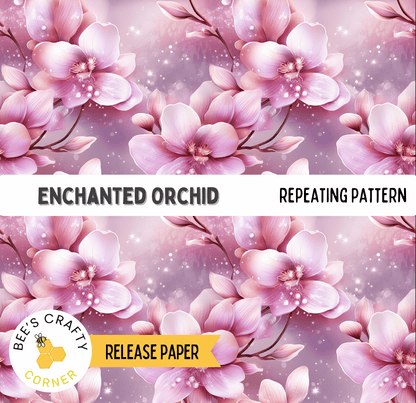 The image is a repeating pattern of pink orchids with delicate petals and branches, creating a visually appealing and harmonious design.