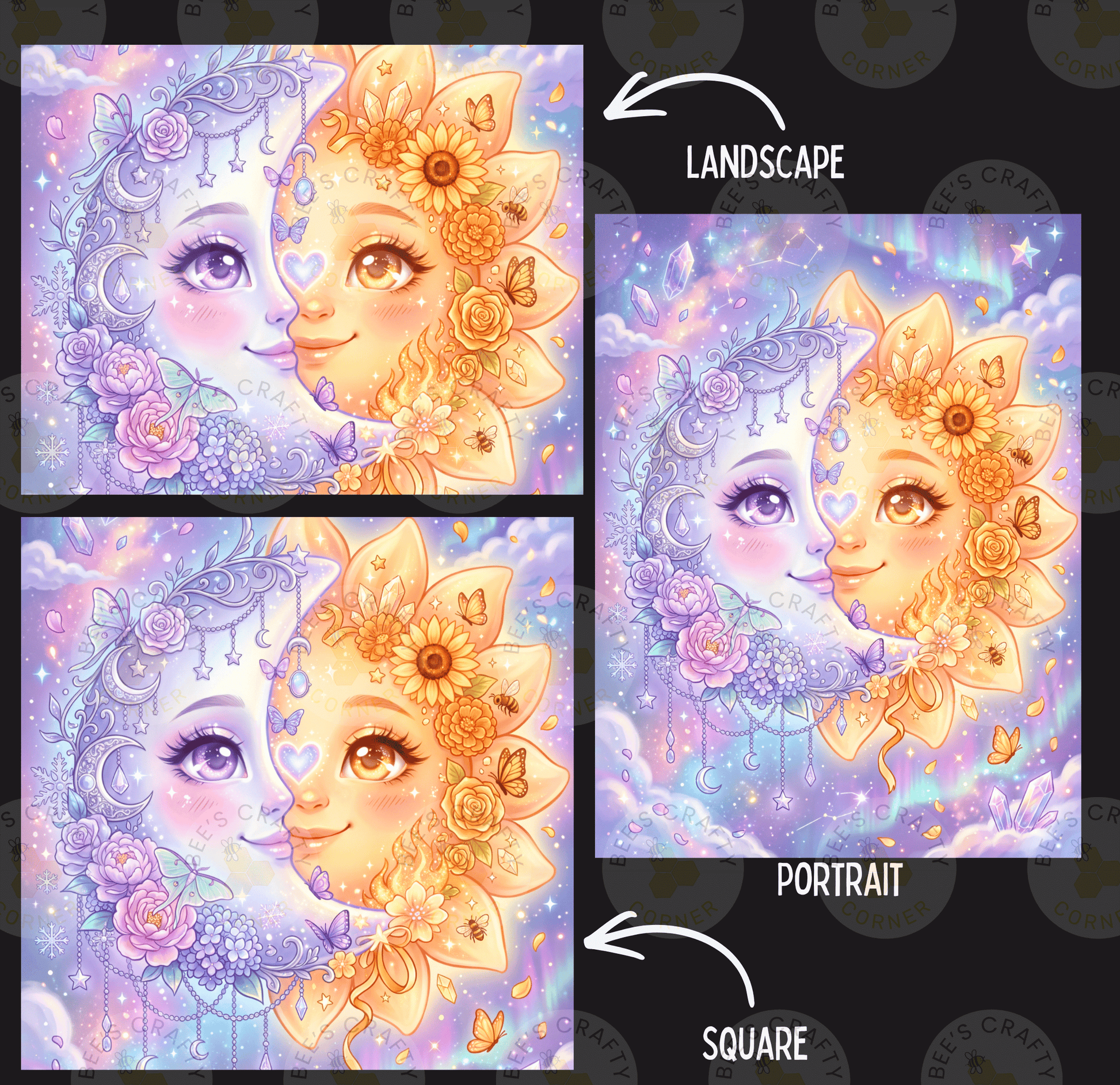 The image is a collage of three pictures depicting a landscape and two portraits. The landscape picture shows a moon with flowers and butterflies, while the portrait picture features a sun with flowers and butterflies.