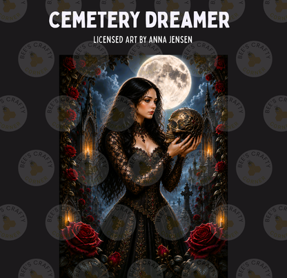 The image is a digital artwork depicting a woman in a dark, ornate dress holding a skull, surrounded by a castle, roses, and a full moon.