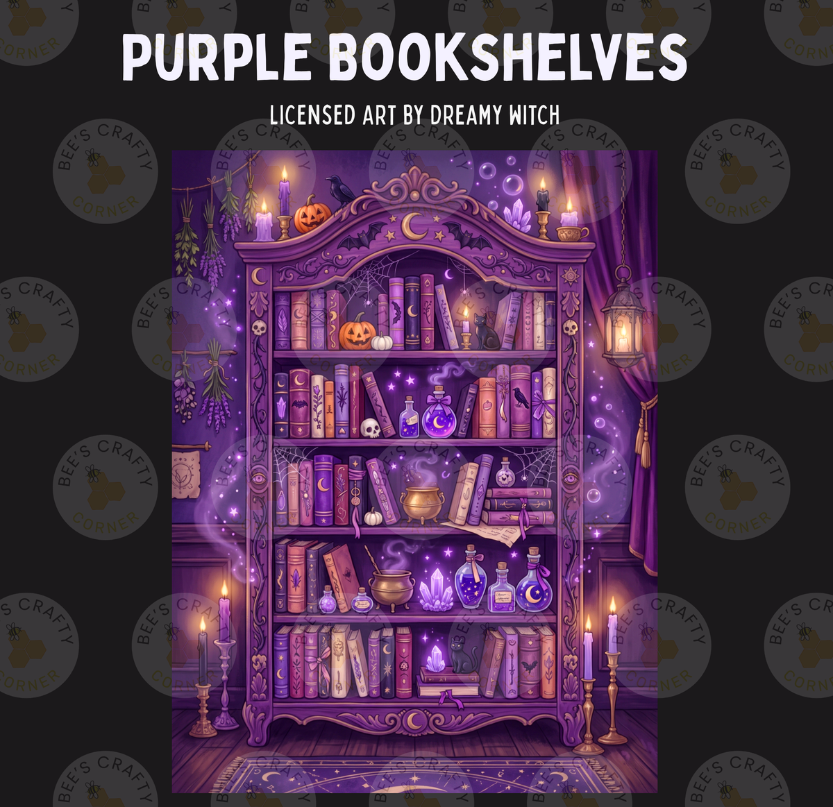 The image is a vibrant and detailed illustration of a purple bookshelf filled with various books, candles, and other mystical objects, creating a whimsical and enchanting atmosphere.