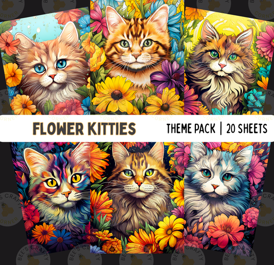 The image is a theme pack of 20 flower-themed cat illustrations, each featuring a different colored cat surrounded by a variety of colorful flowers.