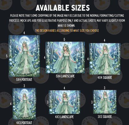six different sizes of illustrations of a woman in a green dress, each depicting a different version of the same scene.