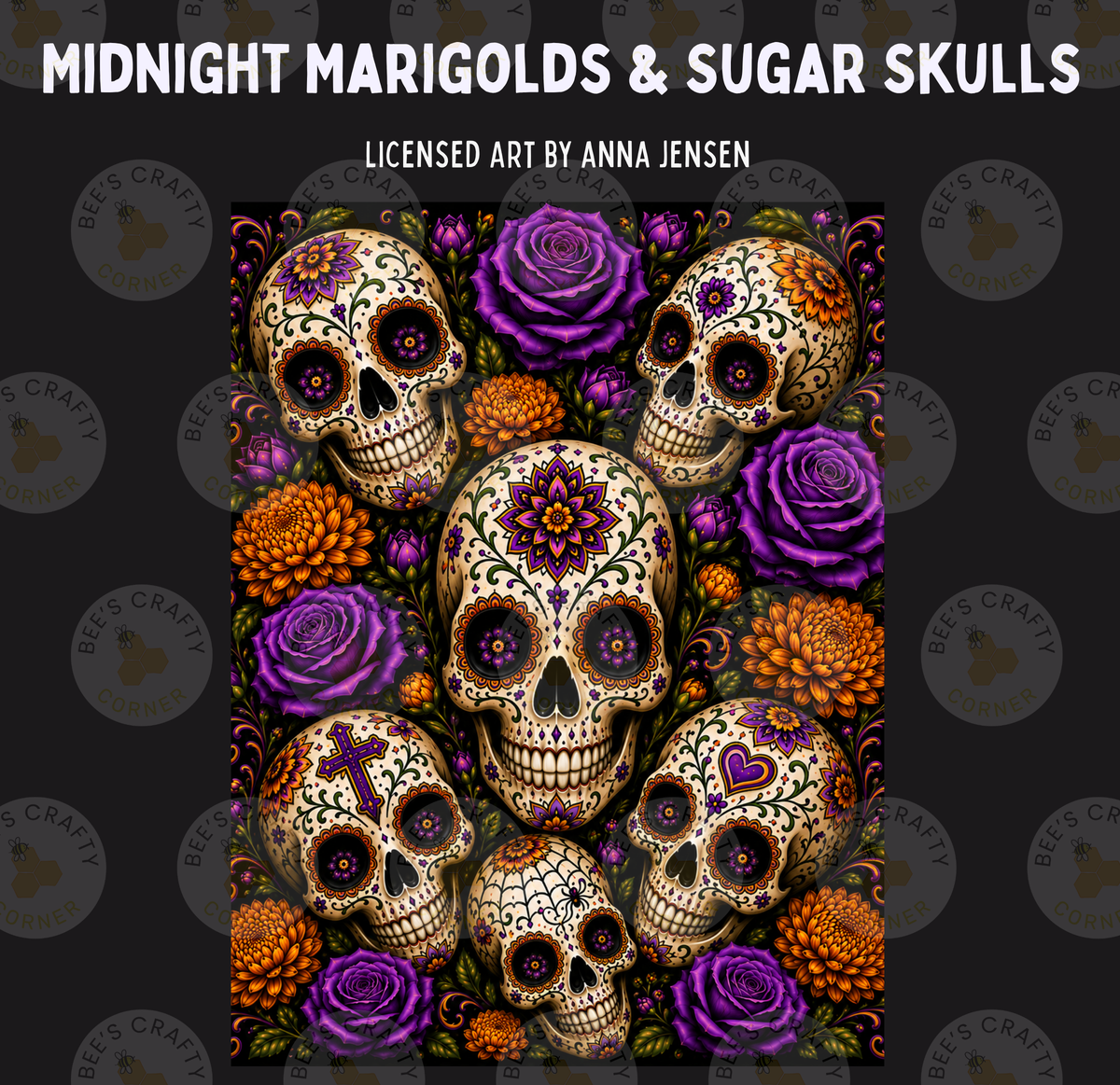 The image is a vibrant and colorful depiction of sugar skulls, featuring intricate floral designs and a variety of purple and orange flowers.