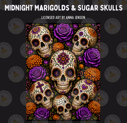 The image is a vibrant and colorful depiction of sugar skulls, featuring intricate floral designs and a variety of purple and orange flowers.