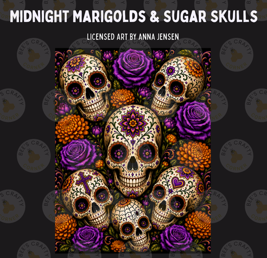 The image is a vibrant and colorful depiction of sugar skulls, featuring intricate floral designs and a variety of purple and orange flowers.