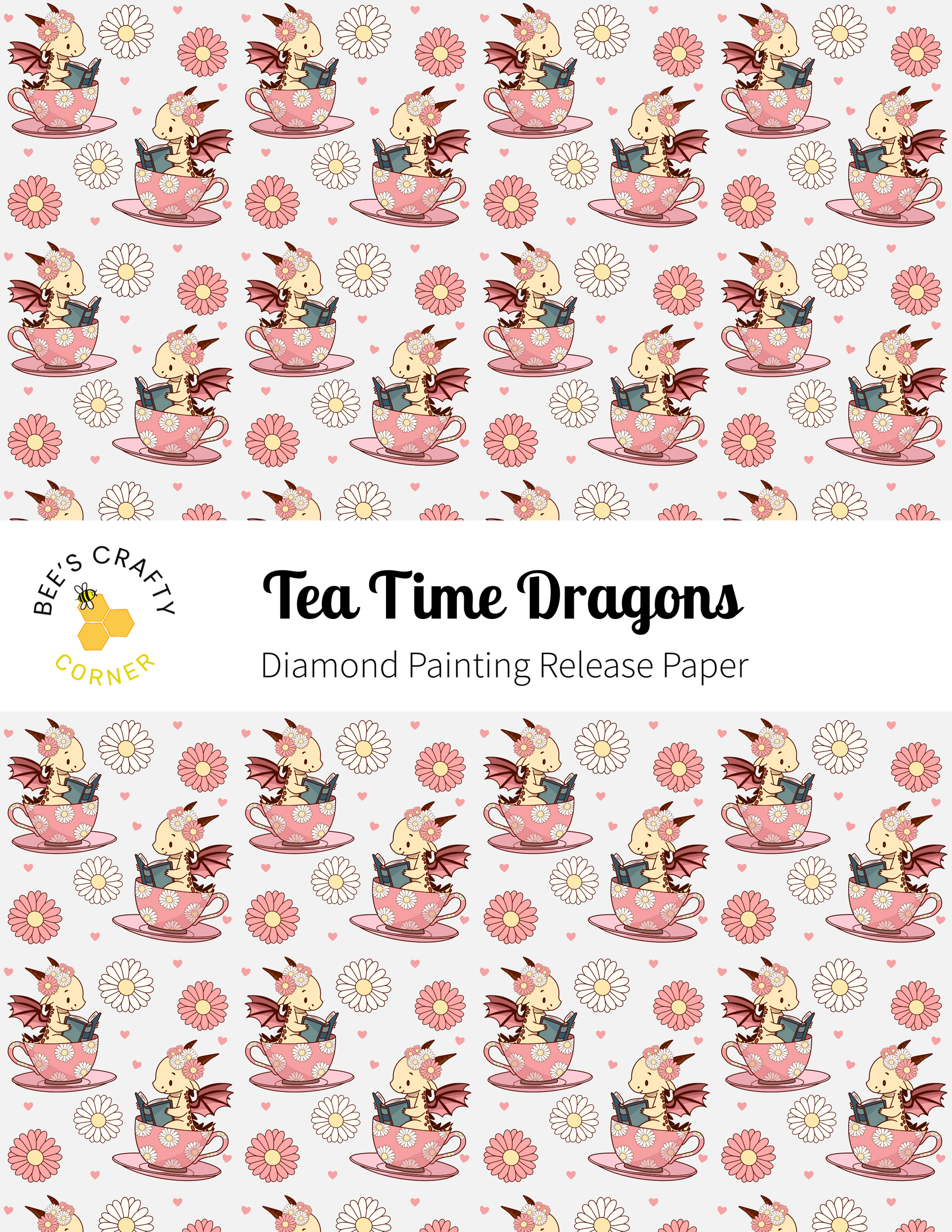 The image is a repeating pattern of pink and white teacups with dragons inside, along with various pink and white flowers scattered throughout the pattern.