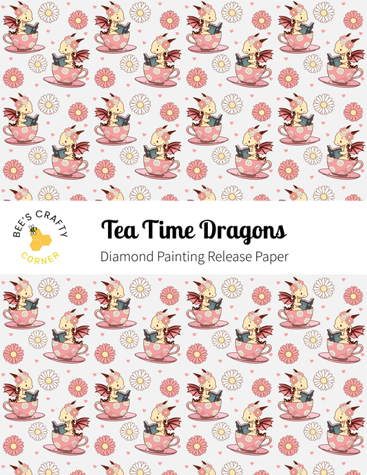 The image is a repeating pattern of pink and white teacups with dragons inside, along with various pink and white flowers scattered throughout the pattern.
