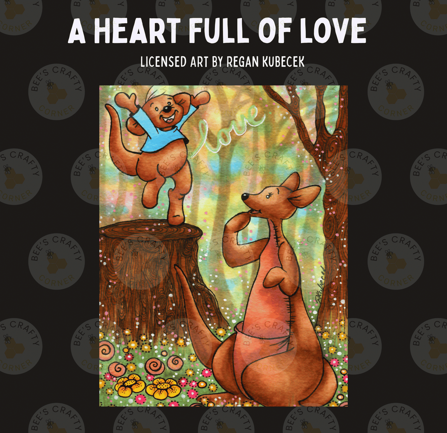 The image is a colorful illustration depicting two kangaroos in a forest setting, with one kangaroo standing on a tree stump and the other sitting on the ground.