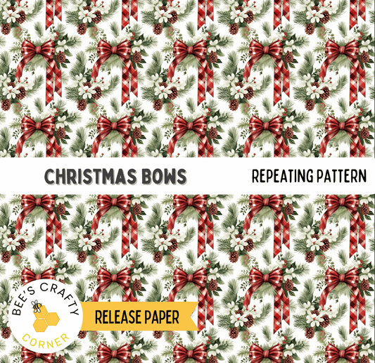 The image is a repeating pattern of Christmas bows and pine cones, with the text "Christmas Bows" and "REPEATING PATTERN" displayed.
