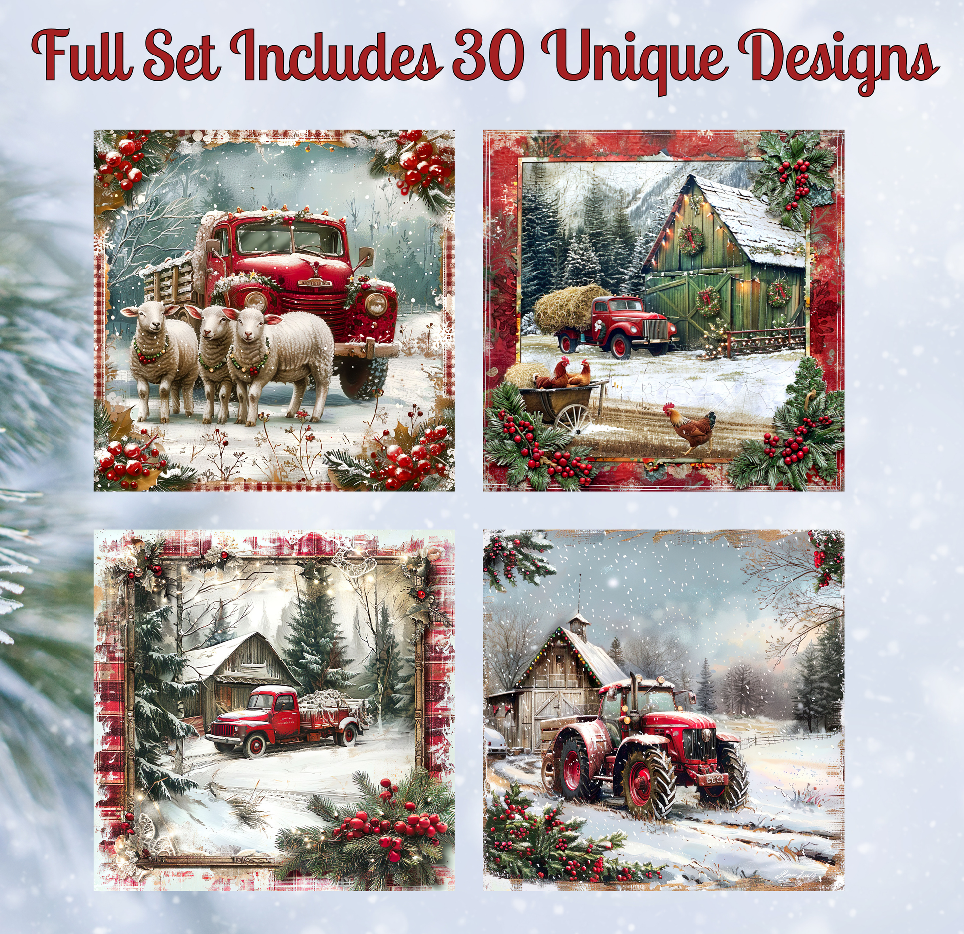 The image is a collage of four pictures featuring various farm scenes, including farm animals, farm buildings, and farm vehicles.