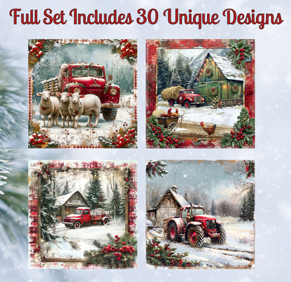 The image is a collage of four pictures featuring various farm scenes, including farm animals, farm buildings, and farm vehicles.
