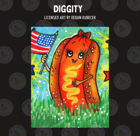 The image is a colorful illustration of a hot dog character holding an American flag, set against a background of grass and flowers.