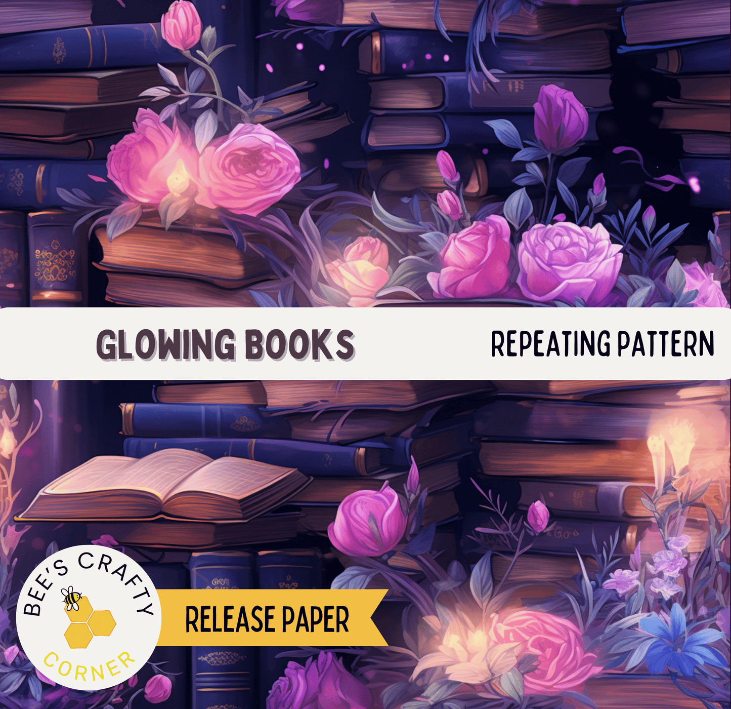 The image is a vibrant and colorful illustration of a bookshelf filled with books and flowers, with the text "GLOWING BOOKS" and "REPEATING PATTERN" prominently displayed.