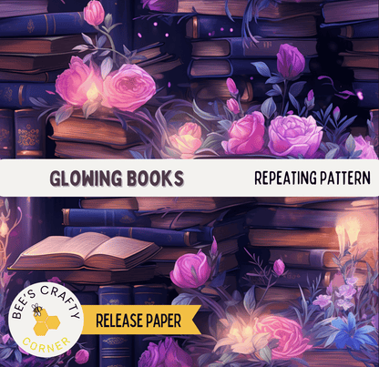The image is a vibrant and colorful illustration of a bookshelf filled with books and flowers, with the text "GLOWING BOOKS" and "REPEATING PATTERN" prominently displayed.