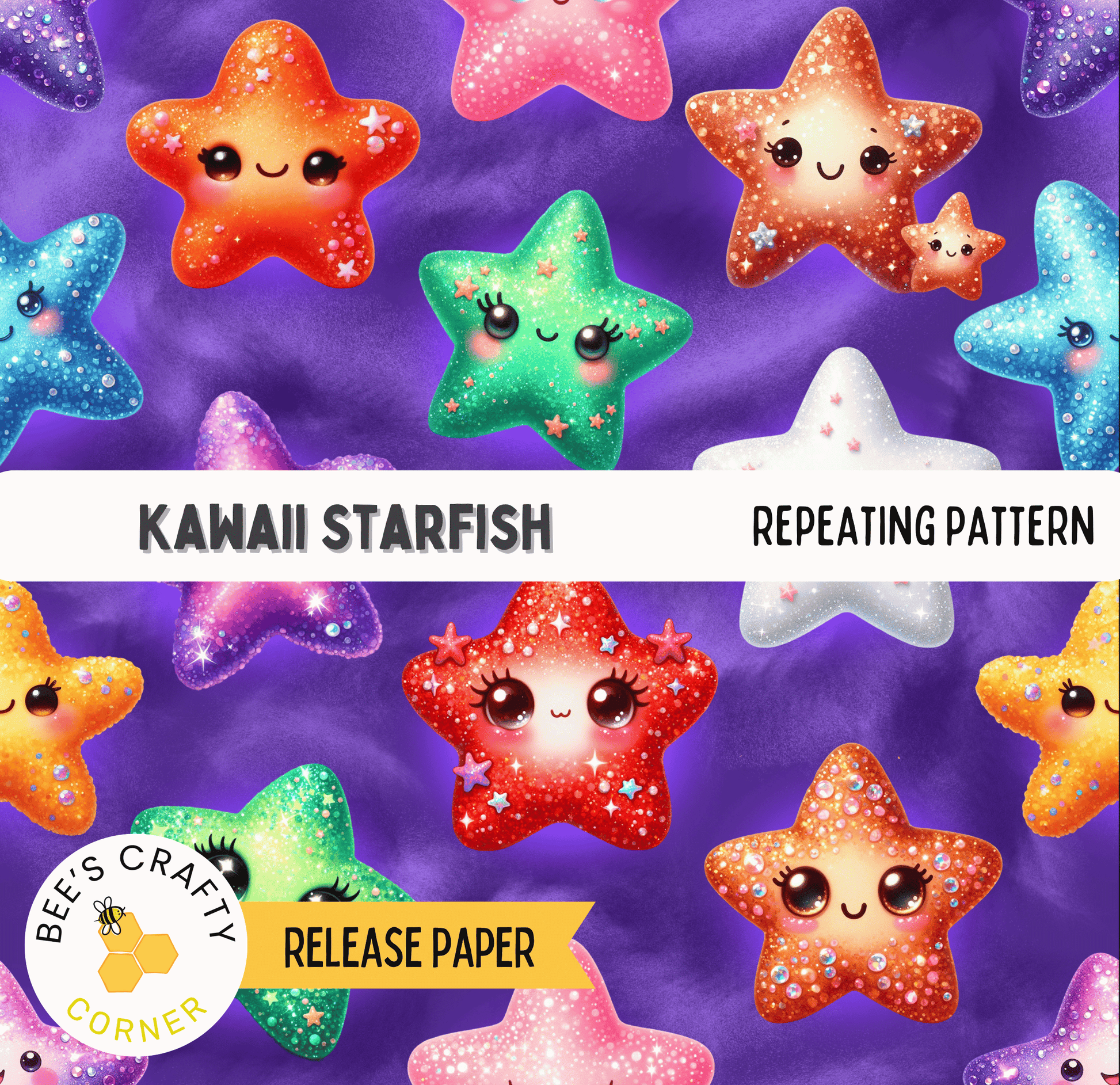 The image is a repeating pattern of colorful, cartoon-style starfish against a purple background.