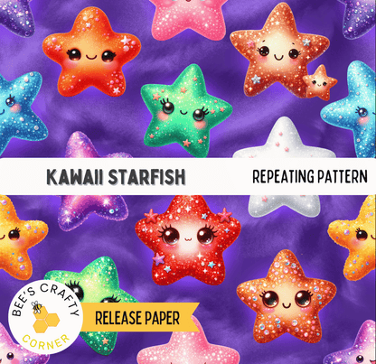 The image is a repeating pattern of colorful, cartoon-style starfish against a purple background.