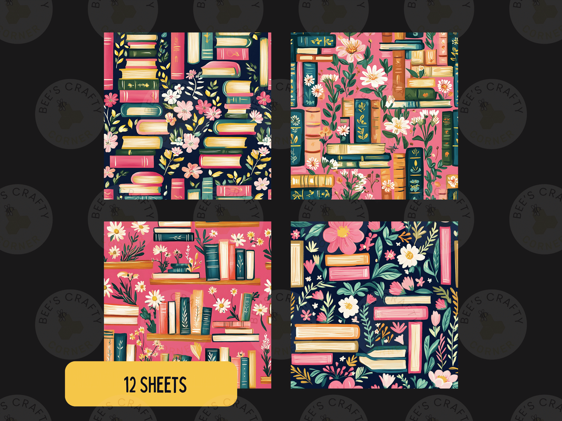 four different patterns, each featuring a variety of books and flowers. The patterns include a floral design with pink and green flowers, a pattern with pink and green books, a pattern with pink and green books and flowers, and a pattern with pink and green books and flowers. The image is a collage of these four distinct patterns.