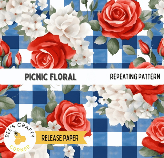 The image is a collage of various red roses and white flowers against a blue and white checkered background.