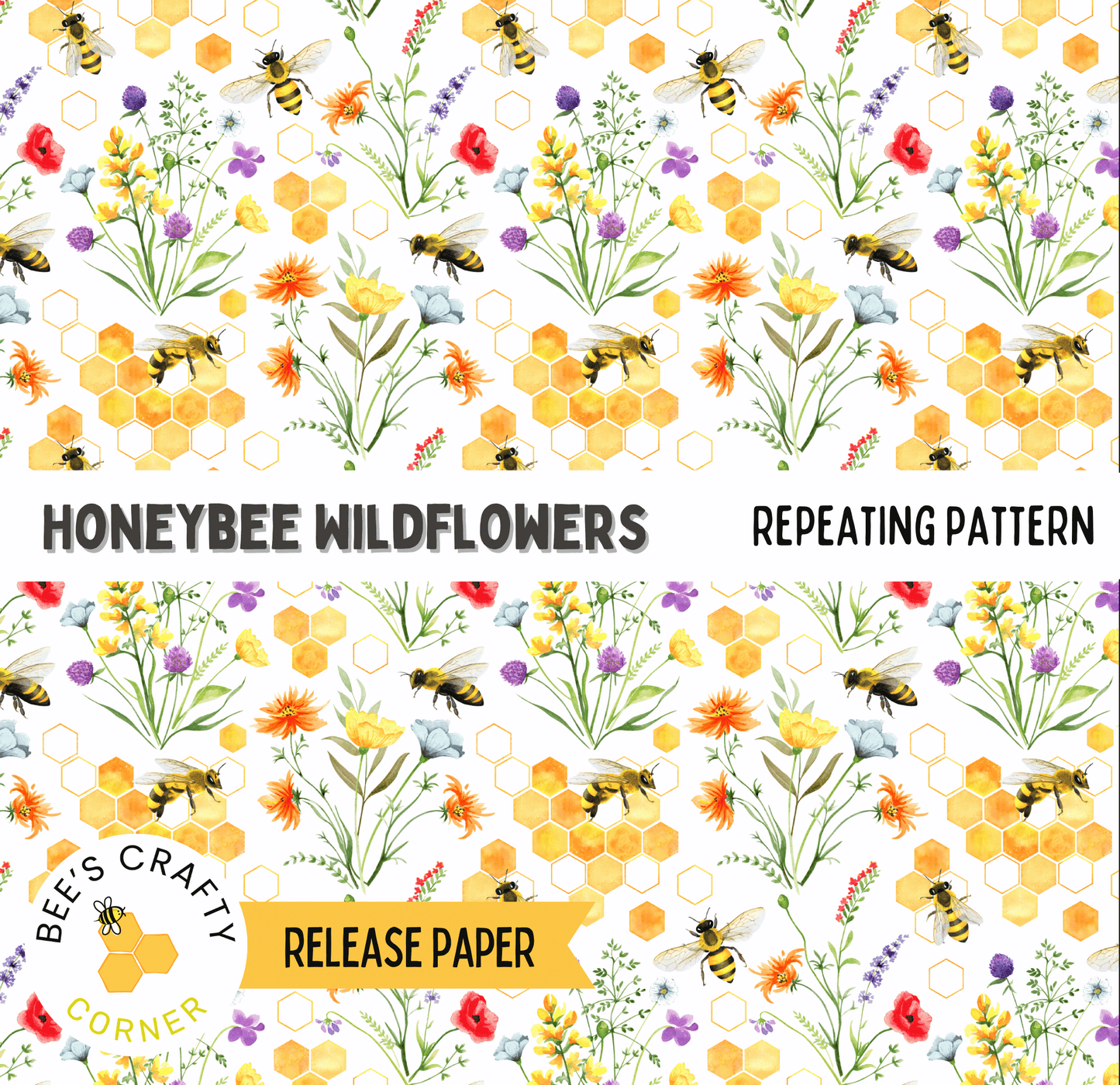 The image is a repeating pattern of various wildflowers and bees, including yellow and orange flowers, purple and white flowers, and bees. The pattern is set against a white background with a honeycomb-like texture.