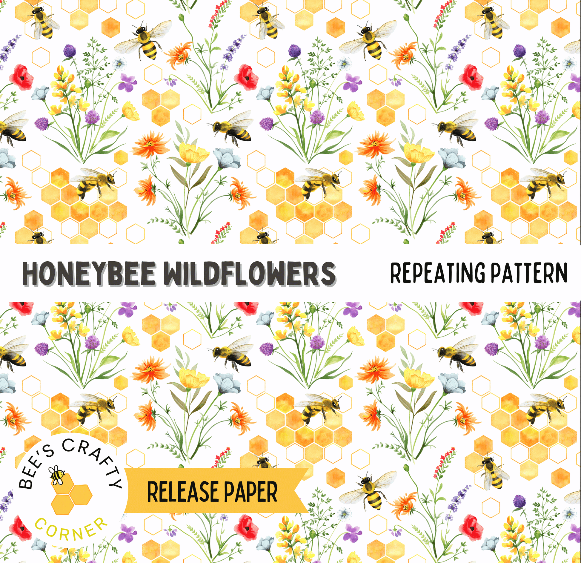 The image is a repeating pattern of various wildflowers and bees, including yellow and orange flowers, purple and white flowers, and bees. The pattern is set against a white background with a honeycomb-like texture.
