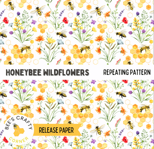 The image is a repeating pattern of various wildflowers and bees, including yellow and orange flowers, purple and white flowers, and bees. The pattern is set against a white background with a honeycomb-like texture.