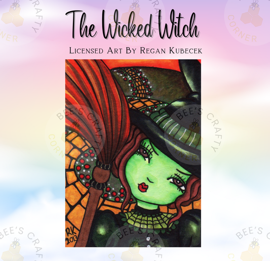 The image is a colorful illustration of a character resembling the Wicked Witch from the Wizard of Oz.