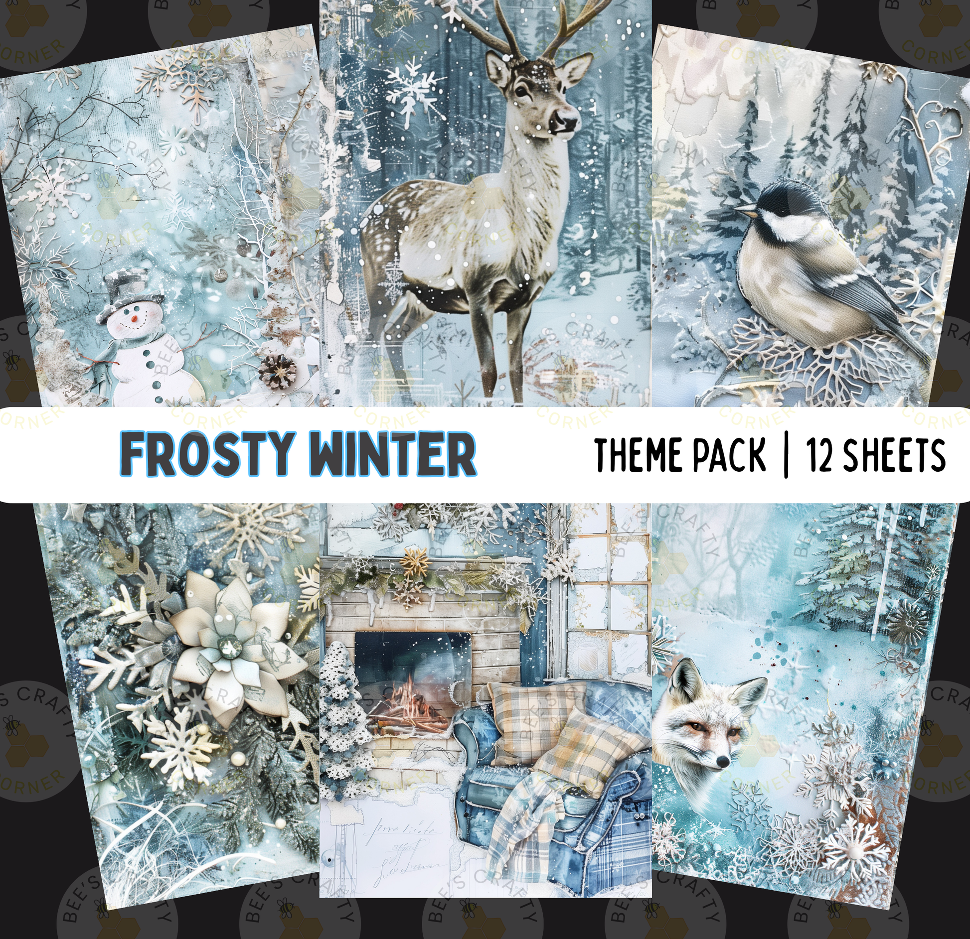 The image is a theme pack containing 12 winter-themed pictures, including a snowman, a deer, a bird, a fireplace, and a fox.