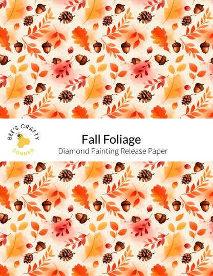 The image is a repeating pattern of autumn leaves and pine cones in shades of orange, yellow, and brown, creating a vibrant and seasonal design.