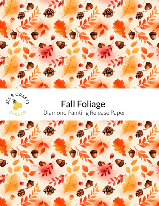 The image is a repeating pattern of autumn leaves and pine cones in shades of orange, yellow, and brown, creating a vibrant and seasonal design.