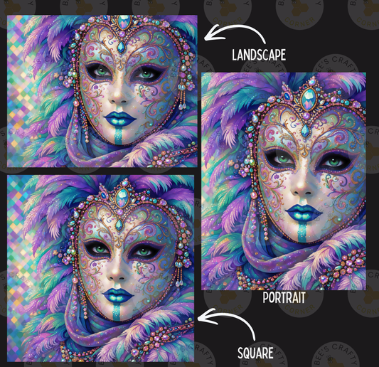 The image is a collage of three images depicting a woman's face with elaborate face paint and jewelry, including feathers and gemstones.