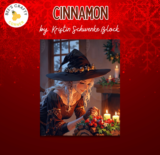 The image is a collage featuring a woman dressed as a witch, surrounded by candles and holiday decorations, with a red background.