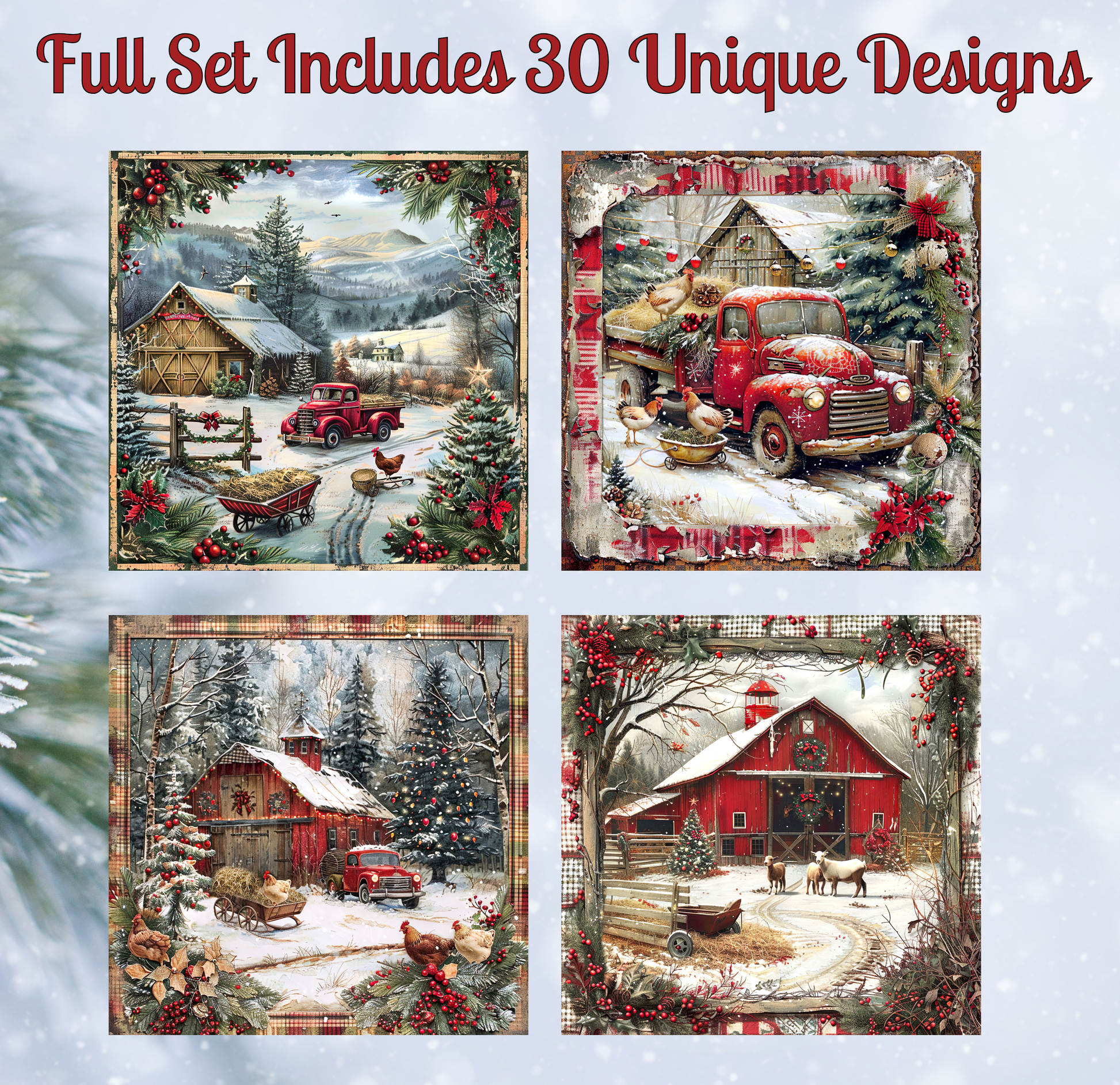 The image is a collage of four pictures depicting various scenes with farm buildings, trucks, and animals.