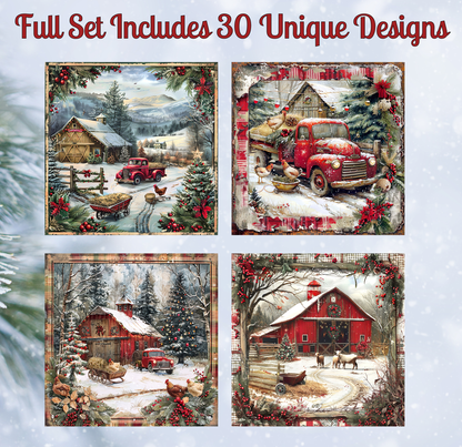 The image is a collage of four pictures depicting various scenes with farm buildings, trucks, and animals.
