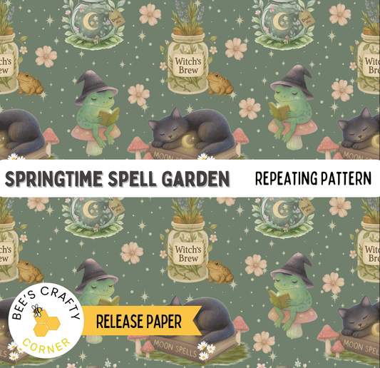 The image is a repeating pattern featuring whimsical illustrations of a frog, cat, and various other fantastical creatures, along with elements such as a witch's brew, moon, and flowers. The pattern includes the text "SPRINGTIME SPELL GARDEN" and "REPEATING PATTERN" along with the release paper label "RE release paper".