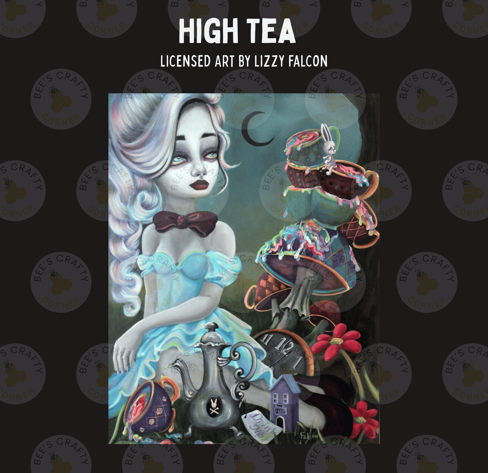 The image is a digital illustration featuring a woman with long, flowing hair and a blue dress, surrounded by various fantastical elements such as mushrooms, flowers, and clocks.