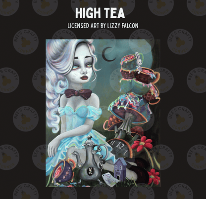 The image is a digital illustration featuring a woman with long, flowing hair and a blue dress, surrounded by various fantastical elements such as mushrooms, flowers, and clocks.